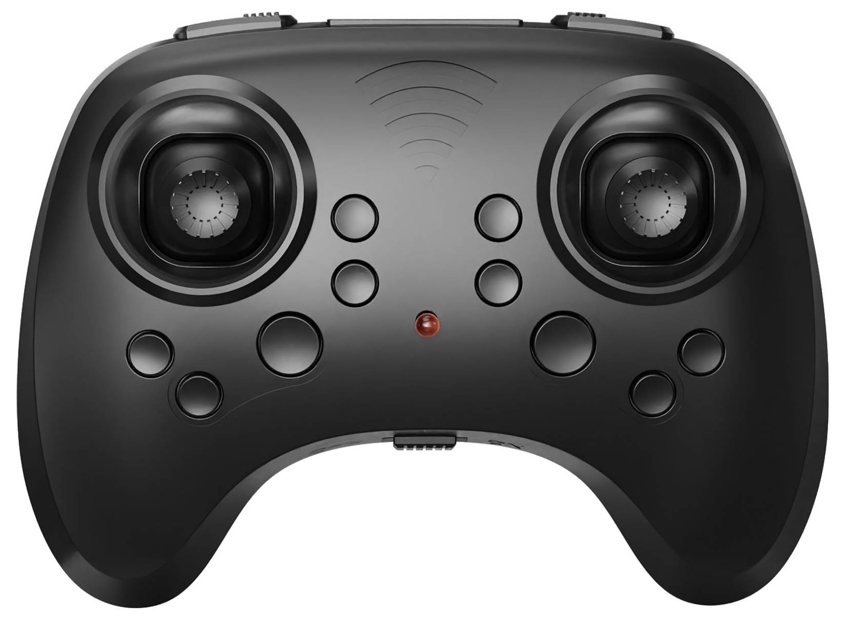 Czarny kontroler do gier z dwoma joystickami, wieloma przyciskami i czerwoną diodą sygnalizacyjną pośrodku.