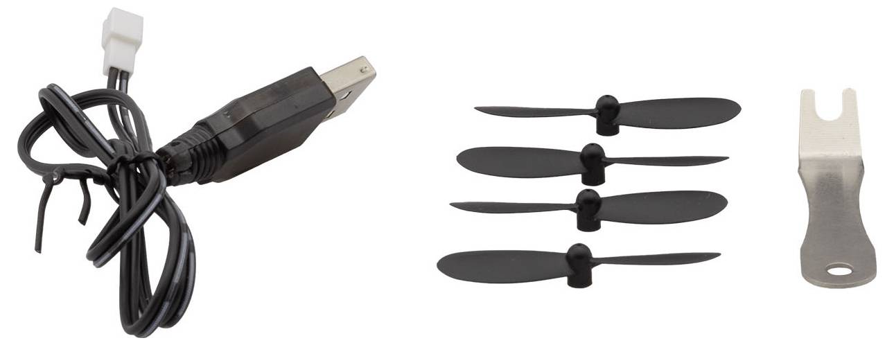 Kabel ładujący, cztery śmigła i klucz płaski obok opaski zaciskowej.