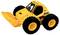 Żółty, zabawkowy ładowacz kaskaderski z dużymi kołami i wesołą miną, idealny dla dzieci pragnących przeżyć kreatywne przygody budowlane.
