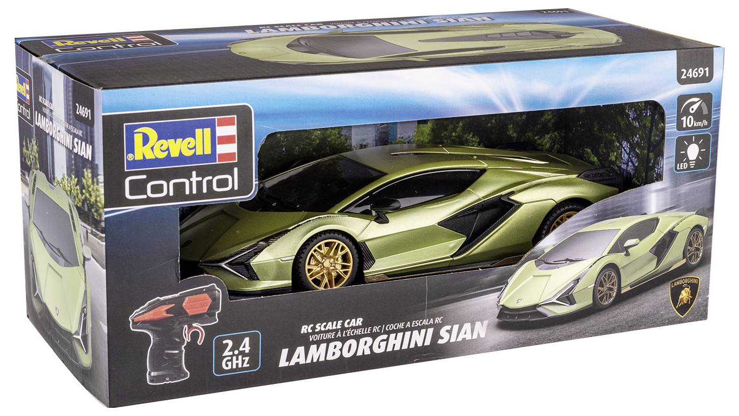 Zdalnie sterowany model samochodu 'Lamborghini Sian' firmy Revell w skali 1:24 w kolorze zielonym, opakowanie prezentuje samochód i pilota.