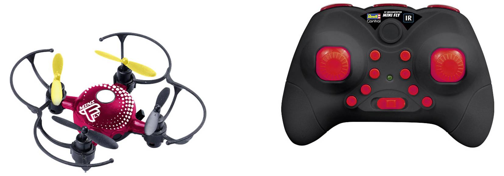 Mała zabawkowa drona z czerwonymi i żółtymi akcentami, obok niej pasujący, czarny pilot zdalnego sterowania z czerwonymi przyciskami.
