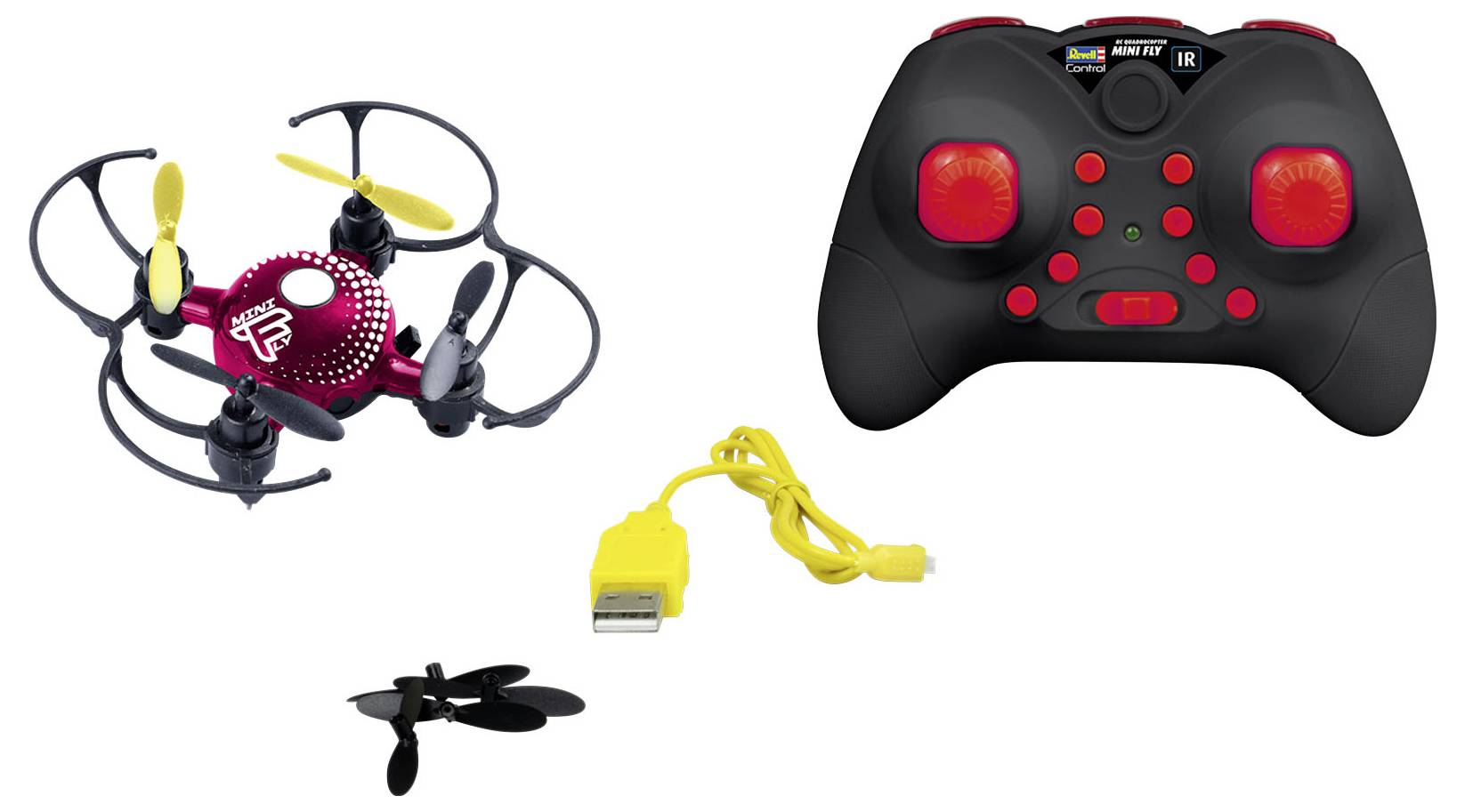 Mini-dron w czarno-żółtym designie, w zestawie czarny kontroler z czerwonymi przyciskami, kabel USB i zapasowe śmigła.