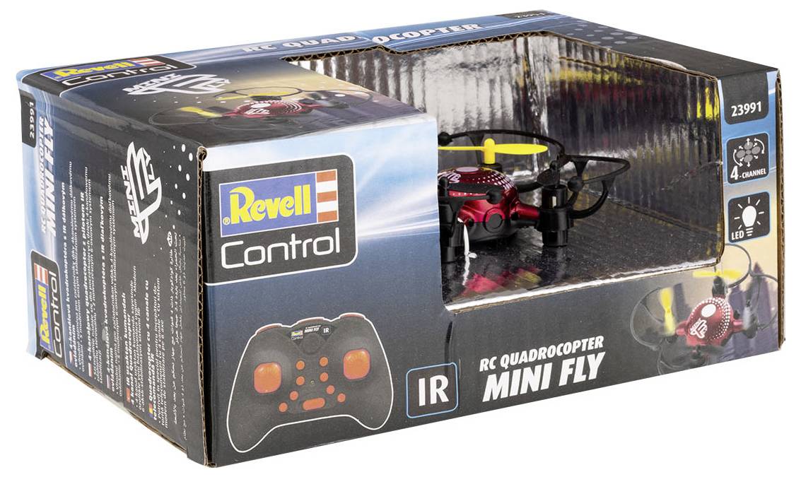 Quadkopter Revell Control Mini Fly w oryginalnym opakowaniu z pilotem zdalnego sterowania. Opakowanie prezentuje zdjęcie produktu i jego funkcje.