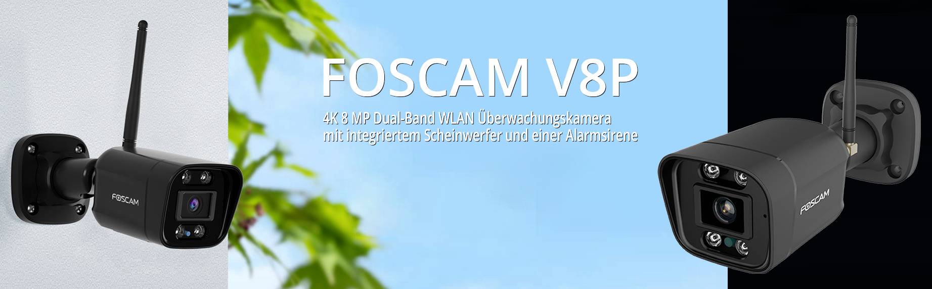 FOSCAM V8P: Kamera nadzorcza 4K 3MP z podwójnym pasmem WLAN, wyposażona w wycieraczkę i syrenę alarmową, na niebieskim tle.