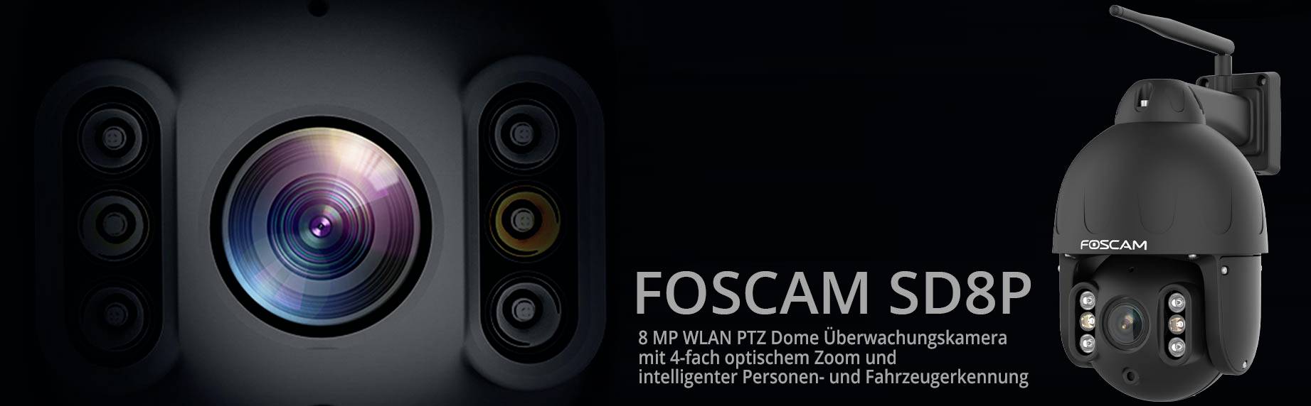 Kamera monitorująca FOSCAM SD8P z 8 MP i 4-krotnym zoomem optycznym, oferująca inteligentne wykrywanie osób i pojazdów.