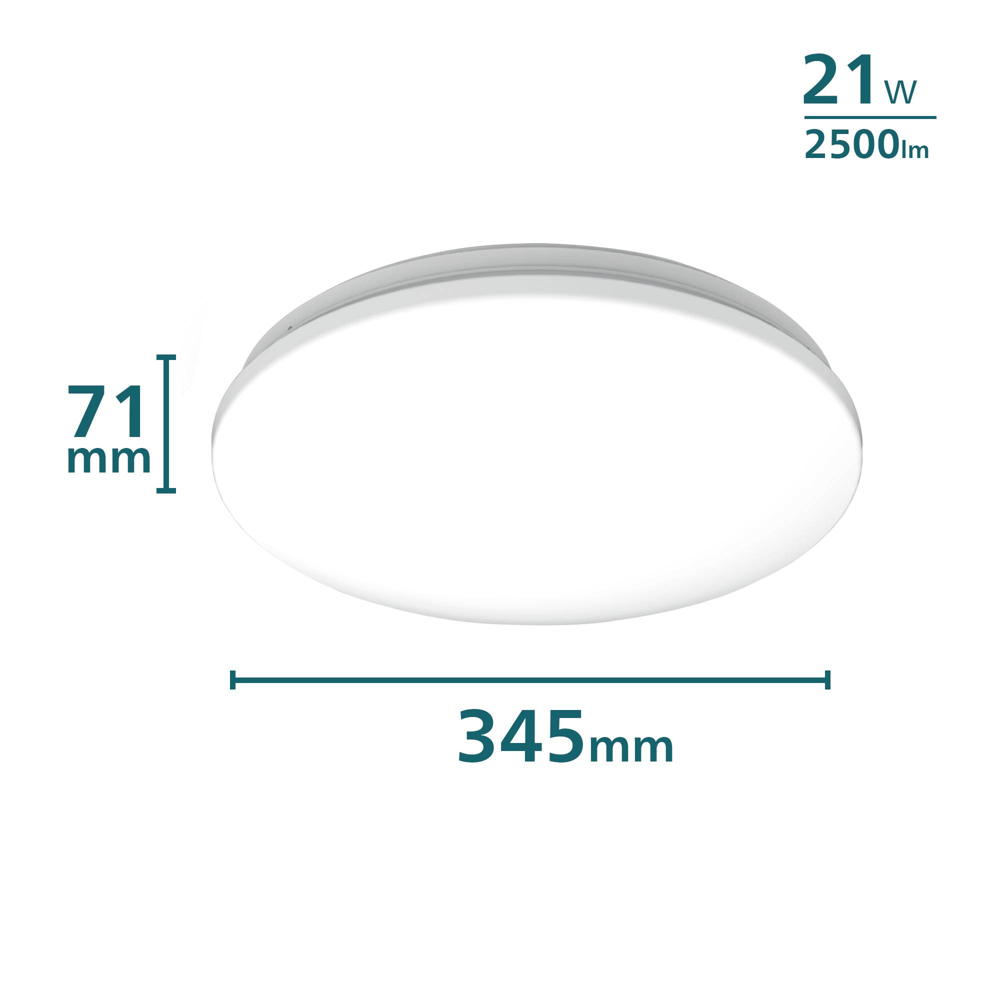 Okrągła lampa sufitowa, biała, średnica 345 mm, wysokość 71 mm, moc 21 W, strumień świetlny 2500 lumenów.