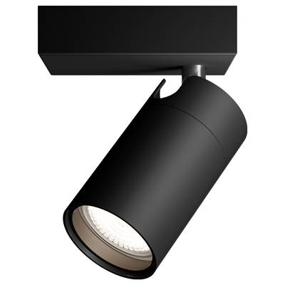 Czarny, cylindryczny reflektor LED z prostokątną podstawą, nadający się do montażu sufitowego, o nowoczesnym i minimalistycznym designie.