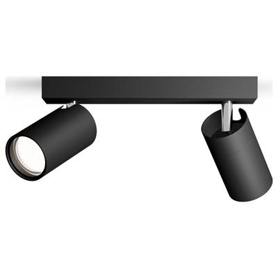 Czarny plafon z dwoma regulowanymi cylindrami, które rzucają skoncentrowane światło w różnych kierunkach.