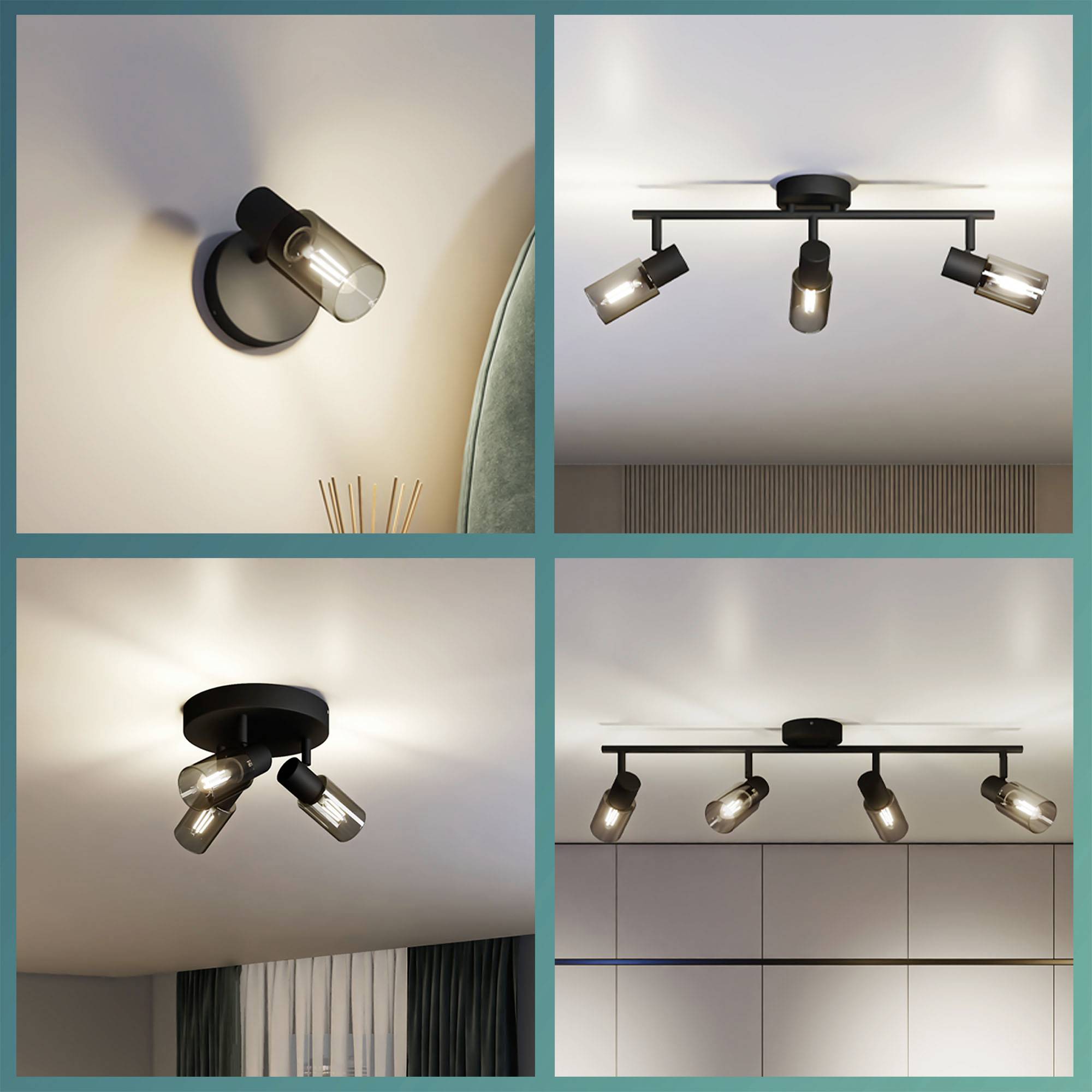 Cztery zdjęcia czarnych lamp sufitowych z wieloma reflektorami w nowoczesnych wnętrzach. Różne ujęcia perspektywiczne.