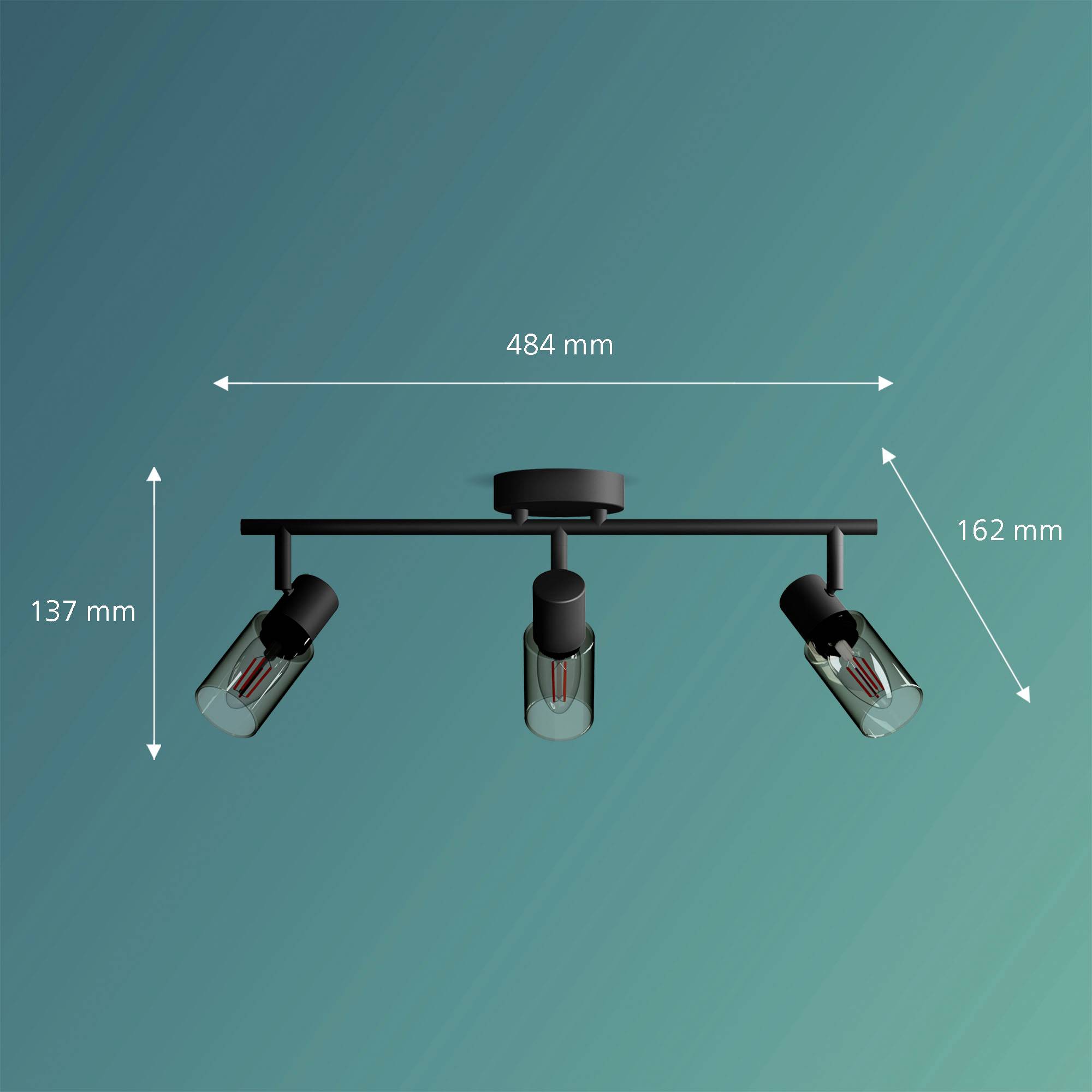 Czarna lampa sufitowa z trzema regulowanymi reflektorami. Wymiary: 484 mm szerokości, 137 mm wysokości, 162 mm głębokości.