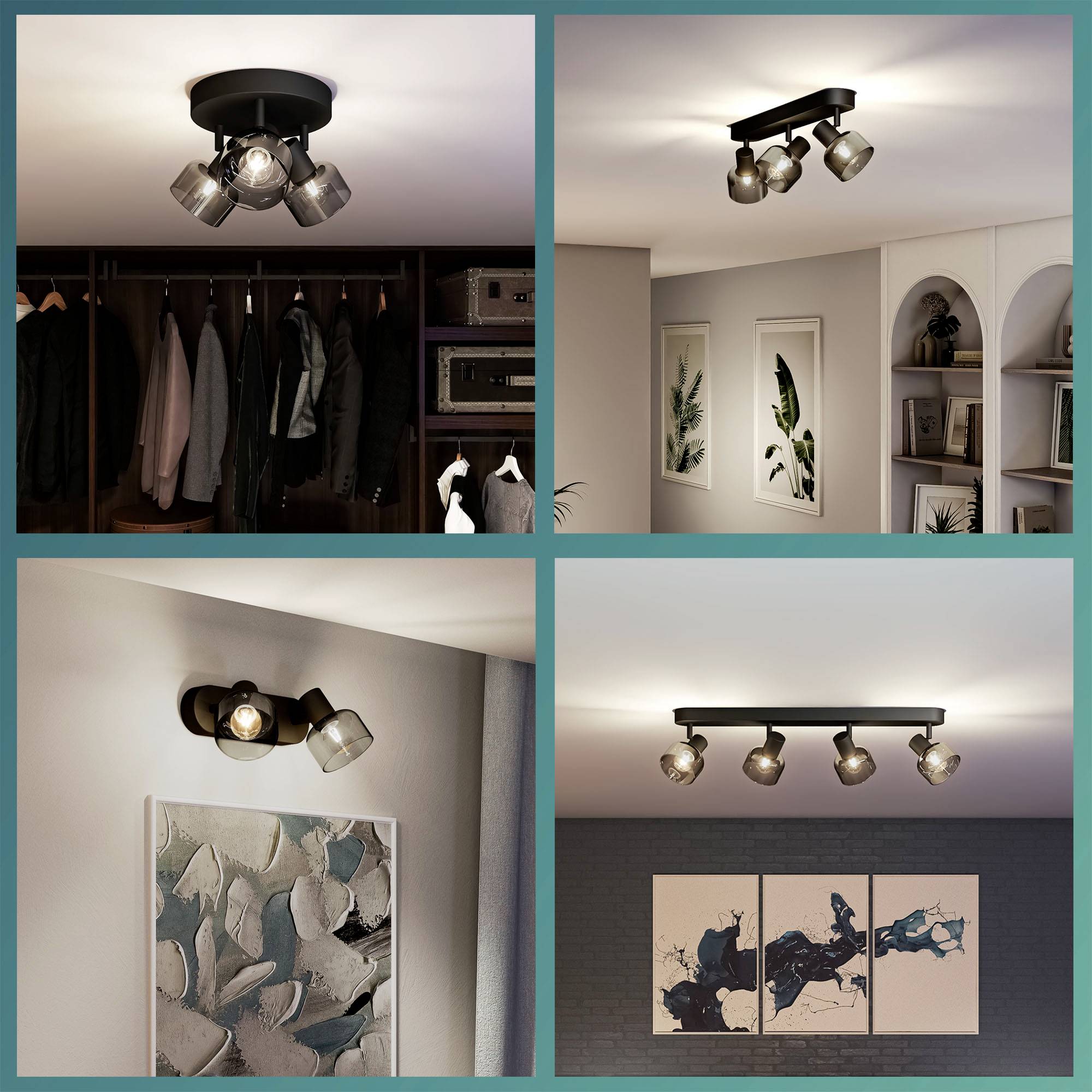 Różne lampy sufitowe oświetlają nowoczesne wnętrza z eleganckimi obrazami na ścianach, pomieszczeniami z roślinami oraz szatnią z płaszczami.