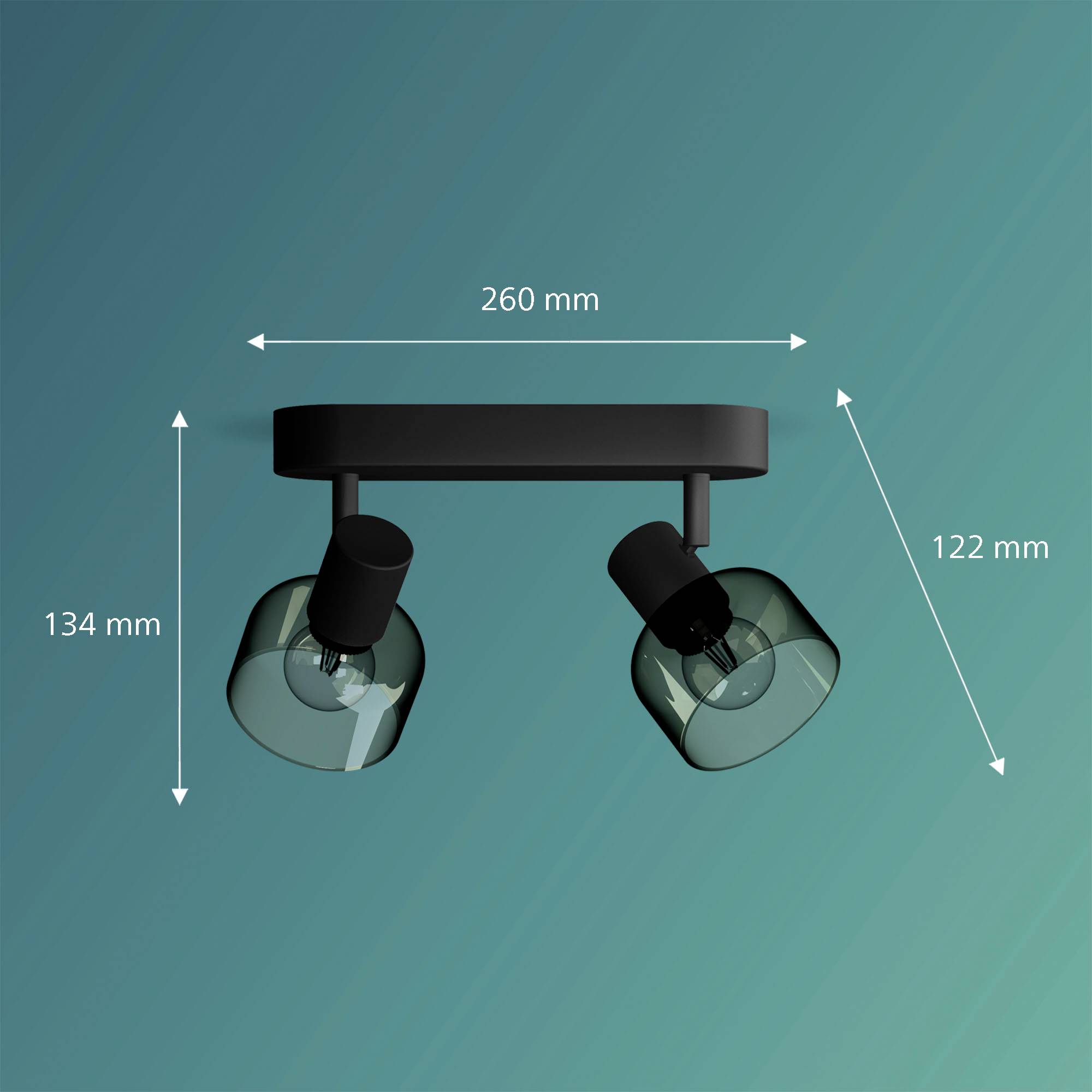 Czarna lampa sufitowa z dwoma regulowanymi szklanymi kloszami; wymiary: 260 mm szerokości, 134 mm wysokości; rozmiar pojedynczego klosza: 122 mm.