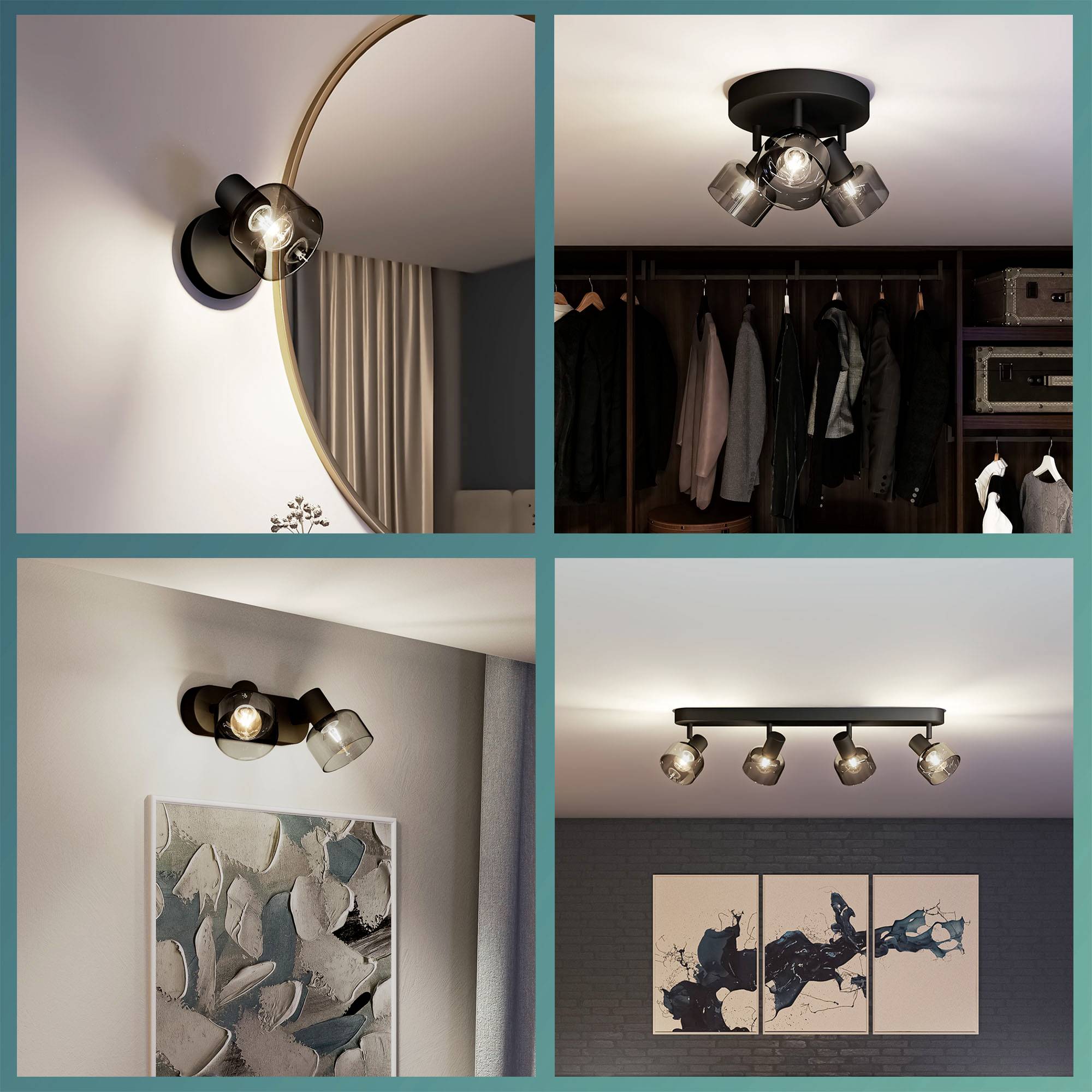 Cztery zdjęcia nowoczesnych lamp sufitowych w różnych pomieszczeniach: korytarz z lustrem, sypialnia, salon, jadalnia.