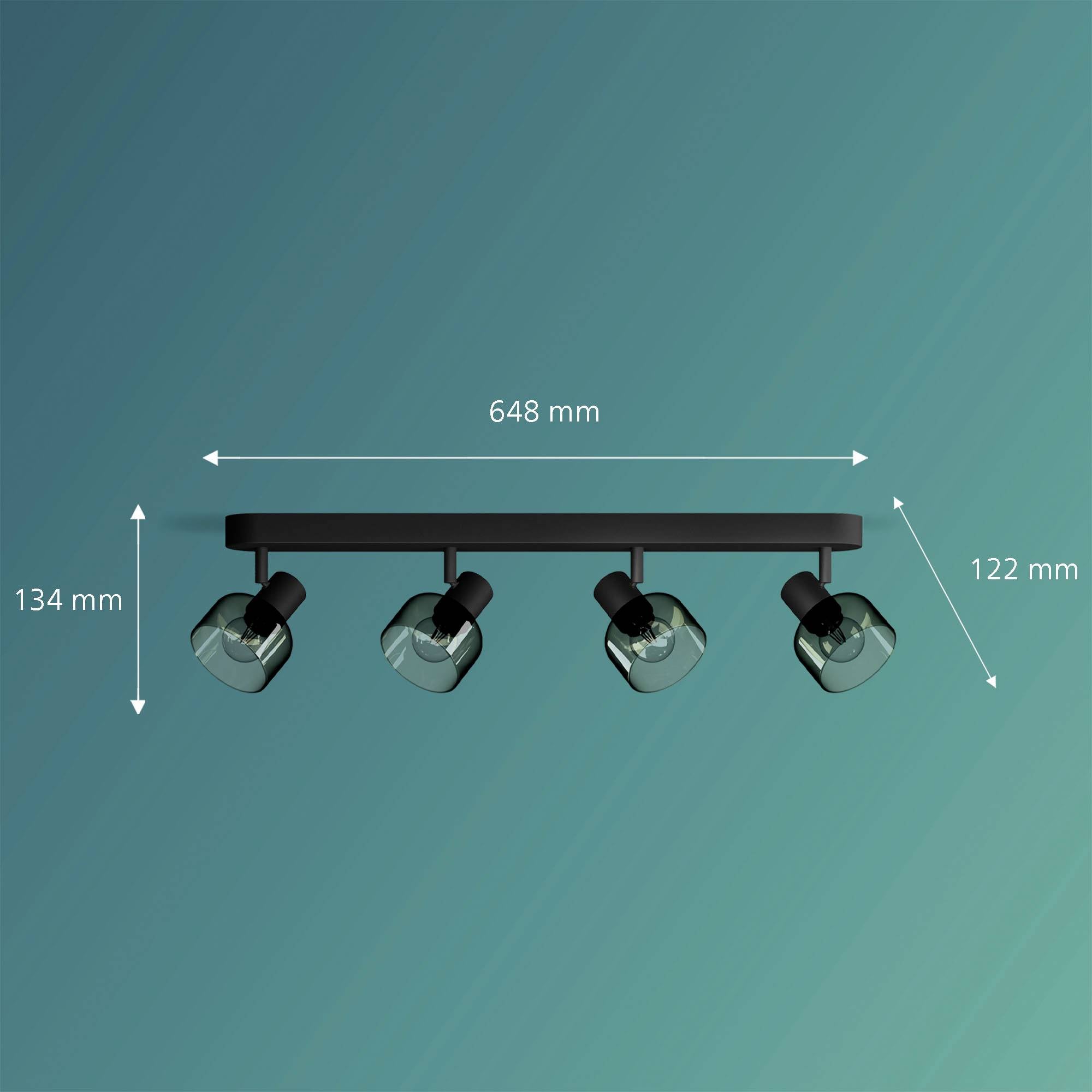 Cztery czarne reflektory sufitowe na prostokątnej szynie. Wymiary: szyna 648 mm, wysokość 134 mm, odległość między reflektorami 122 mm.