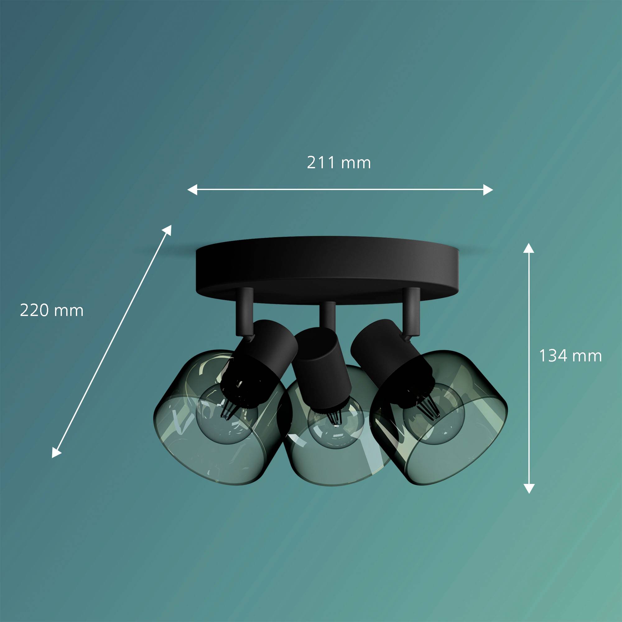 Lampa sufitowa z trzema regulowanymi reflektorami. Wymiary: wysokość 220 mm, szerokość 211 mm, długość klosza 134 mm. Tło w kolorze niebiesko-zielonym.