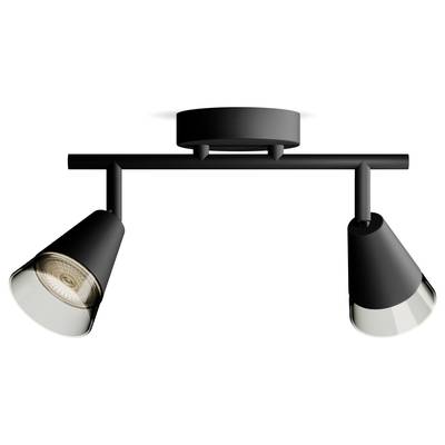 Czarna lampa sufitowa z dwoma regulowanymi reflektorami skierowanymi w dół.