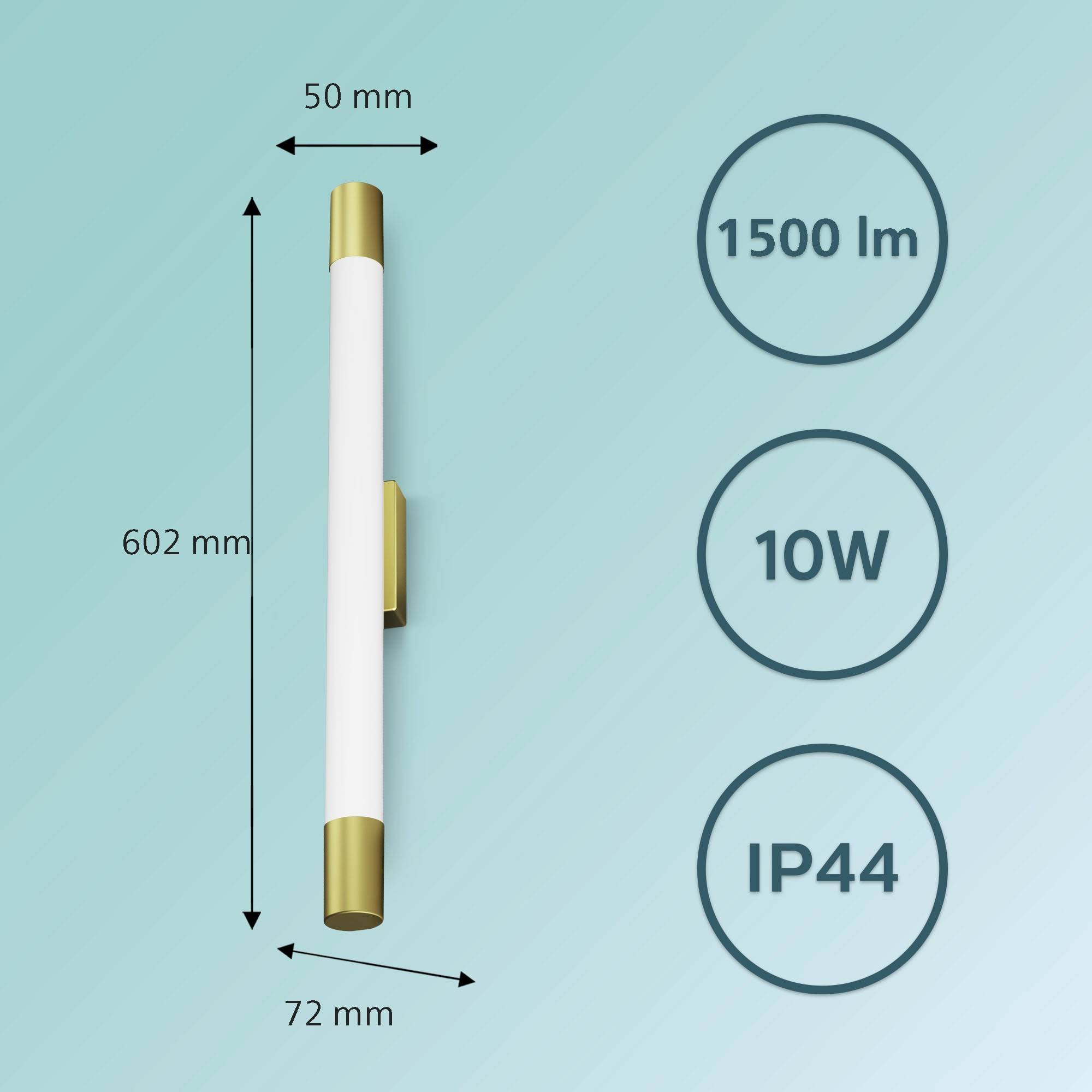 Kinkiet ze złoconymi końcówkami, wysoki na 602 mm, szeroki na 72 mm. Dane techniczne: głębokość 50 mm, 1500 lumenów, 10 watów, IP44.