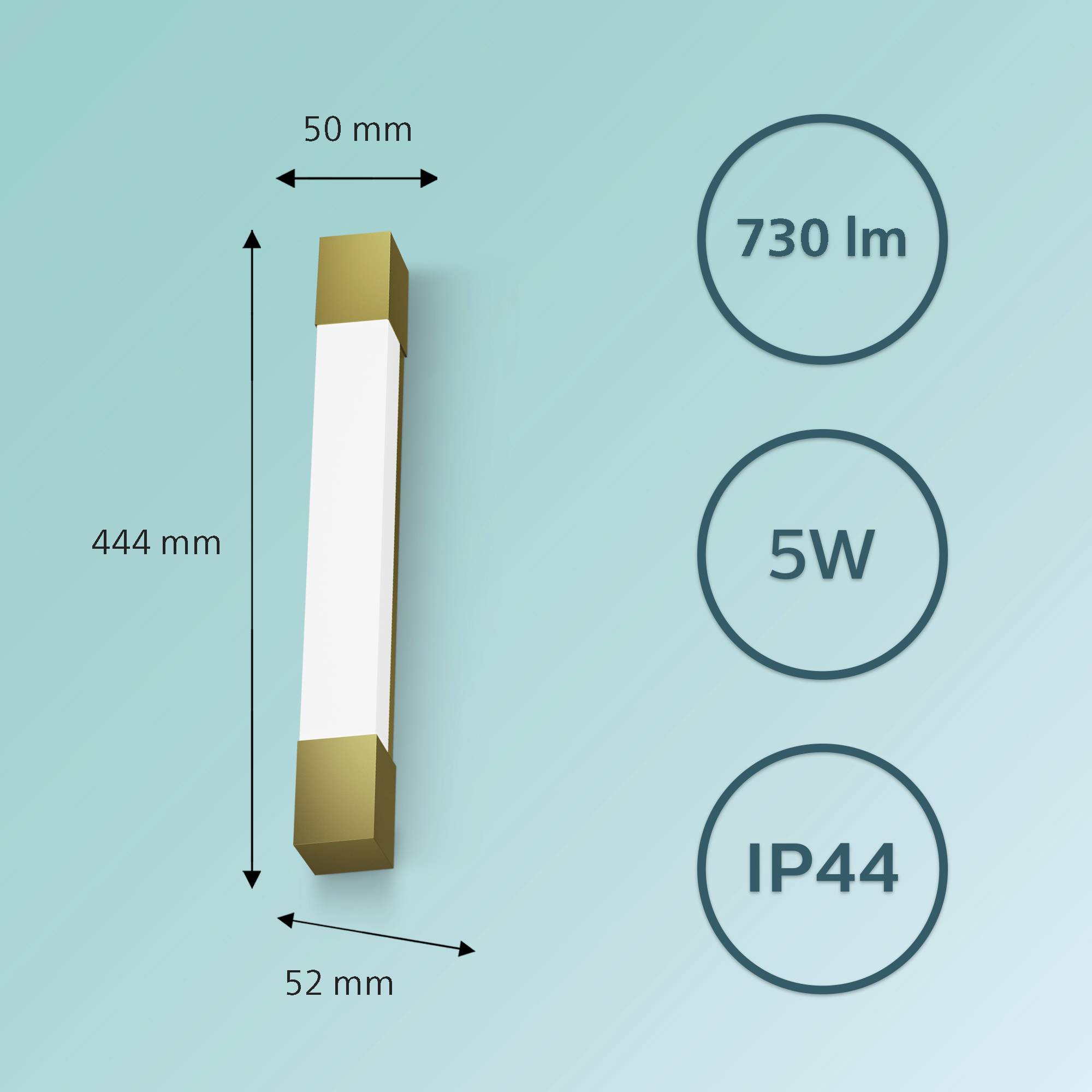 Kinkiet LED, wysokość 444 mm, szerokość 50 mm, głębokość 52 mm, moc 5W, strumień świetlny 730 lumenów, stopień ochrony IP44. Idealny do oświetlenia łazienki.