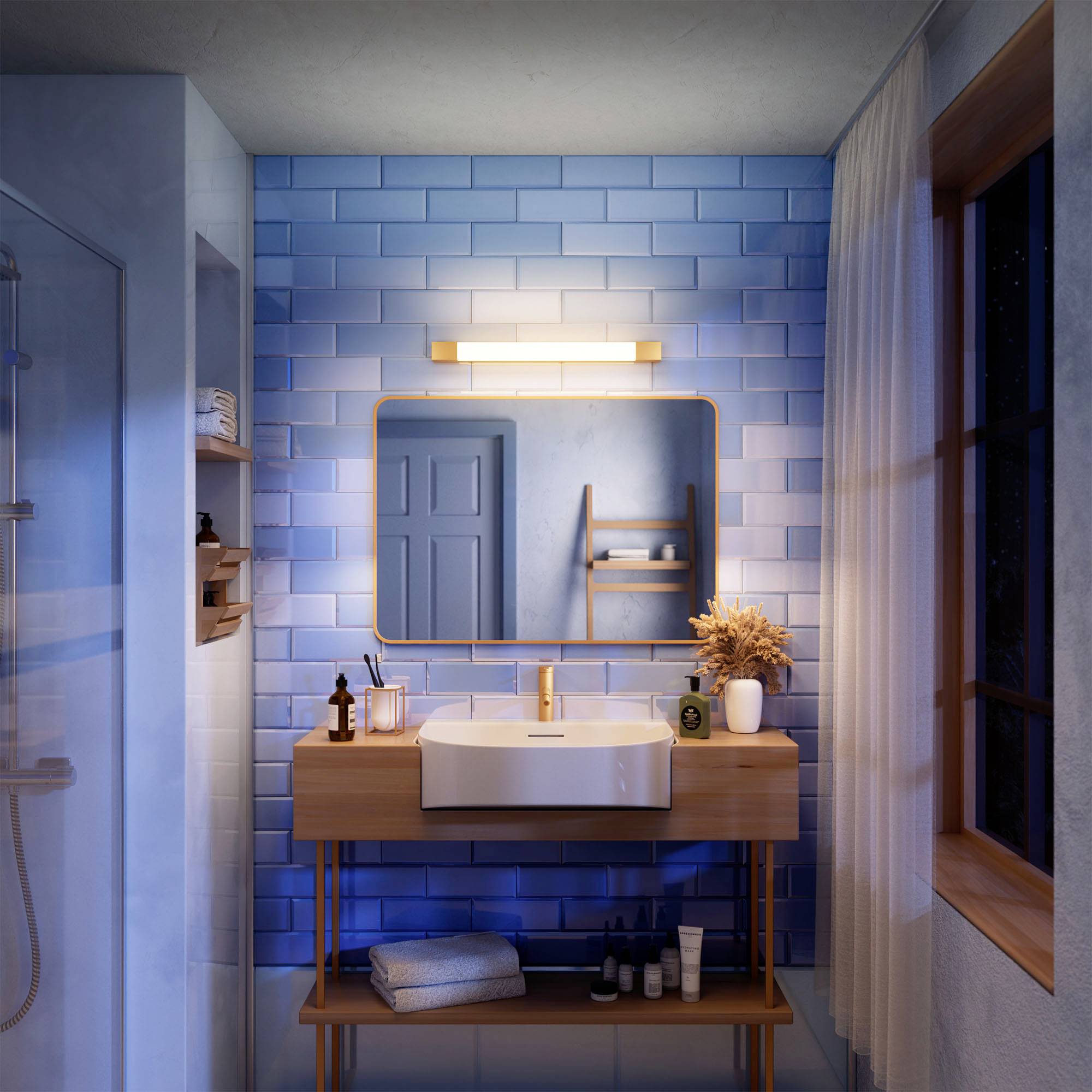 Stylowy łazienka z niebieskimi płytkami, umywalką na drewnianym blacie, podświetlonym lustrem i strefą prysznicową po lewej stronie. Subtelne oświetlenie.