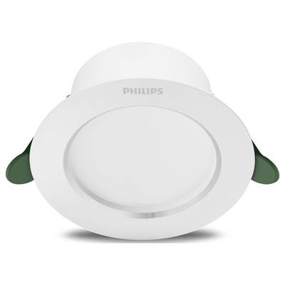 Okrągła, biała oprawa podtynkowa marki Philips z zielonkawymi zatrzaskami po bokach, przeznaczona do montażu sufitowego.