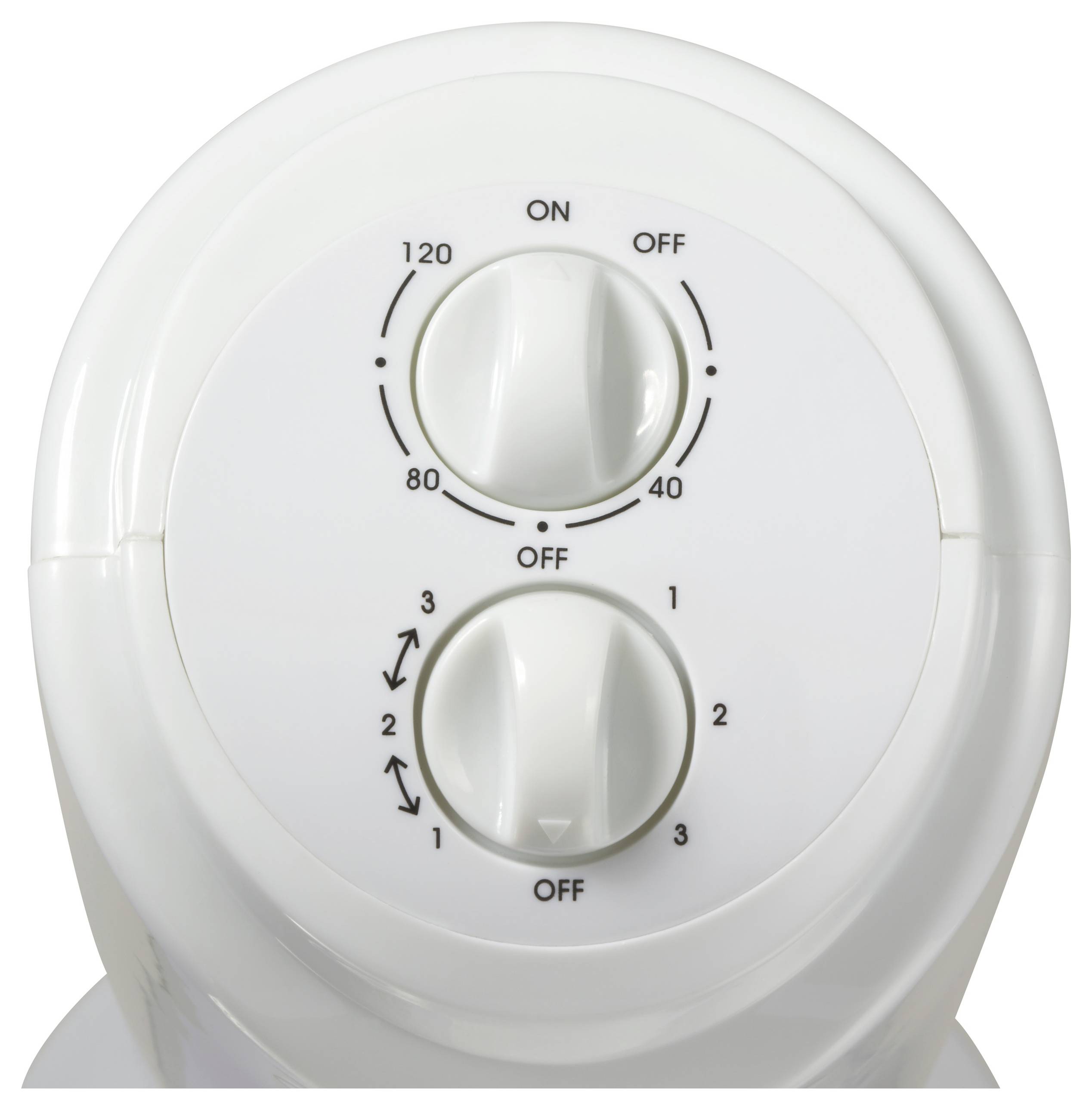 Białe urządzenie z dwoma pokrętłami. Górne pokrętło wskazuje zakresy temperatury (40-120), dolne pokrętło ma trzy poziomy.