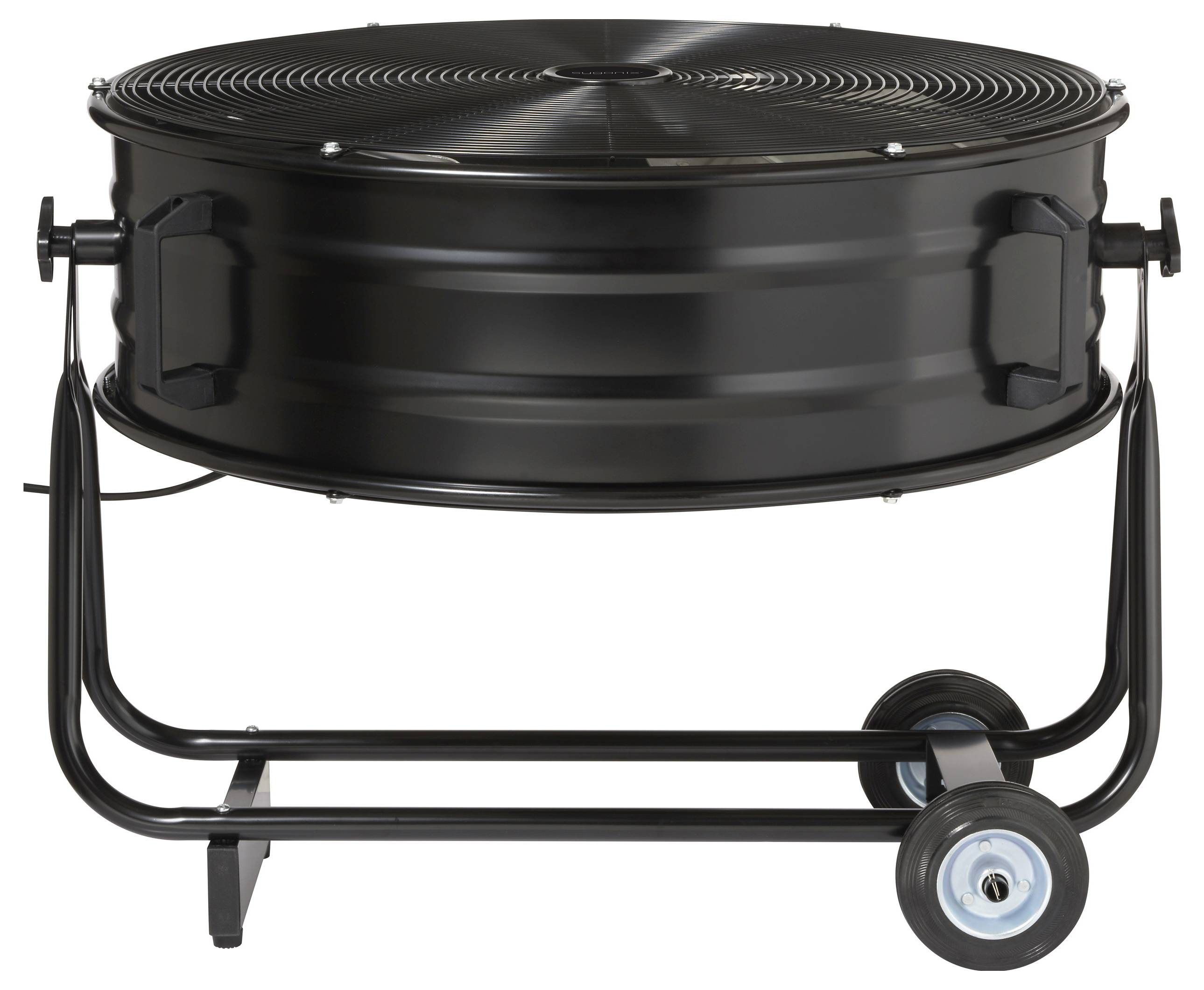 Czarny, okrągły wentylator na kółkach, przeznaczony do wentylacji przemysłowej lub regulacji klimatu w dużych pomieszczeniach.
