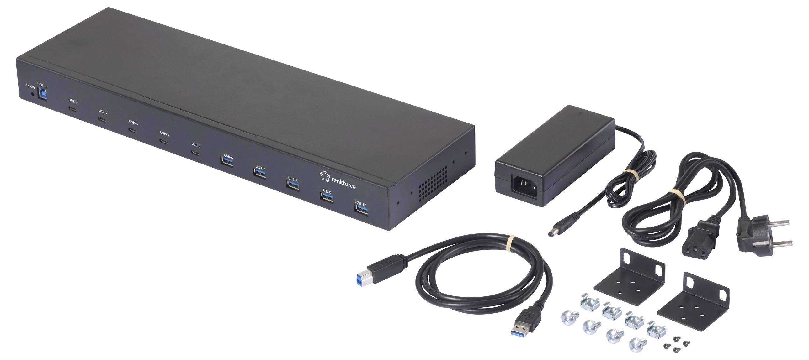 Renkforce RF-6627278 USB-Hub 10 Portów USB-A USB 3.2 Gen2 10 GBit/s do zastosowań przemysłowych, możliwy montaż rack, me-4