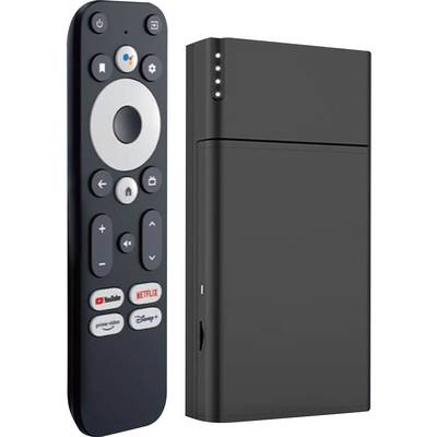 Elegancki, czarny pilot do urządzenia strumieniowego z przyciskami, w tym Netflix i Disney, obok dopasowanego czarnego urządzenia strumieniowego z diodami wskaźnikowymi.