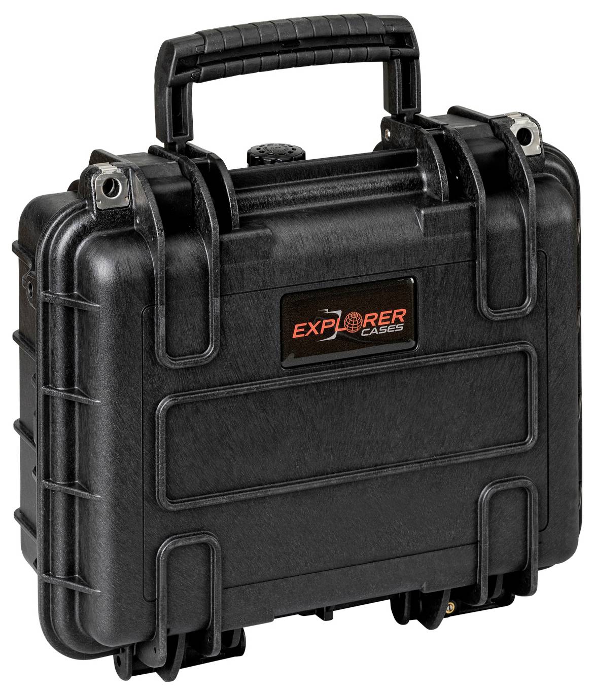 Czarny, odporny na uszkodzenia kufer z zaokrąglonymi narożnikami i logo 'Explorer Cases' na przedniej stronie.