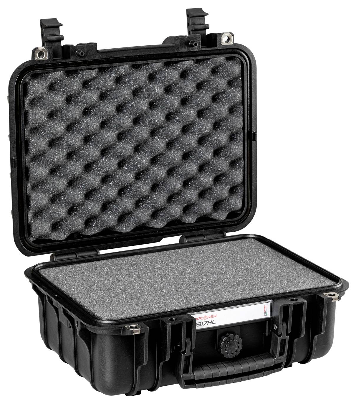 Otwarty czarny twardy kufer z wyściółką piankową, gotowy do zabezpieczenia delikatnych przedmiotów.