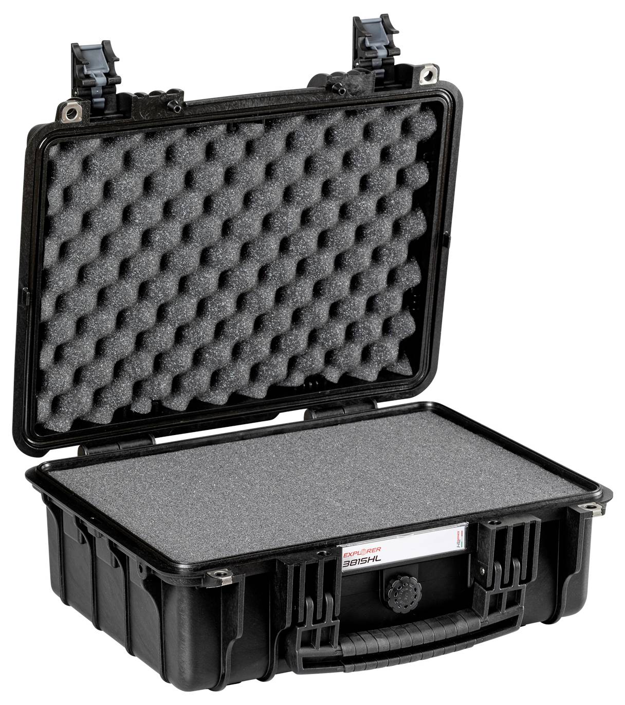 Otwarty czarny kufer ochronny z wyściółką piankową. Idealny do bezpiecznego transportu delikatnych urządzeń.