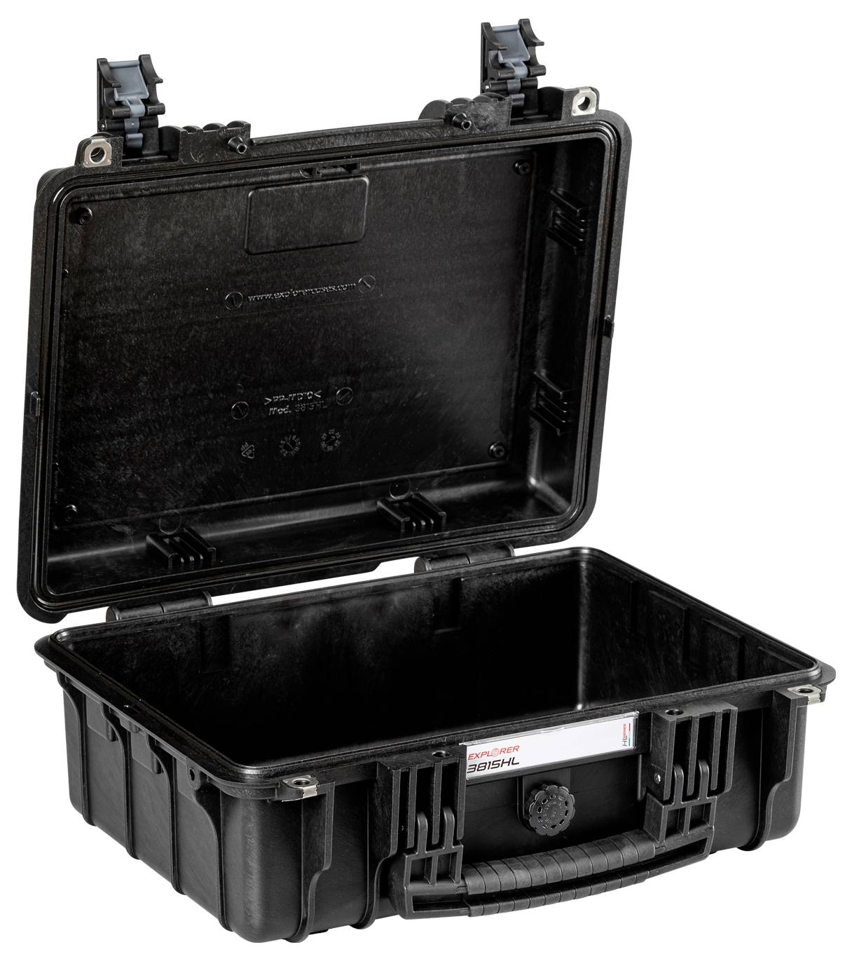 Czarny, otwarty kufer ochronny z tylnym zamknięciem zawiasowym i żebrowanym uchwytem. Idealny do bezpiecznego transportu delikatnych przedmiotów.