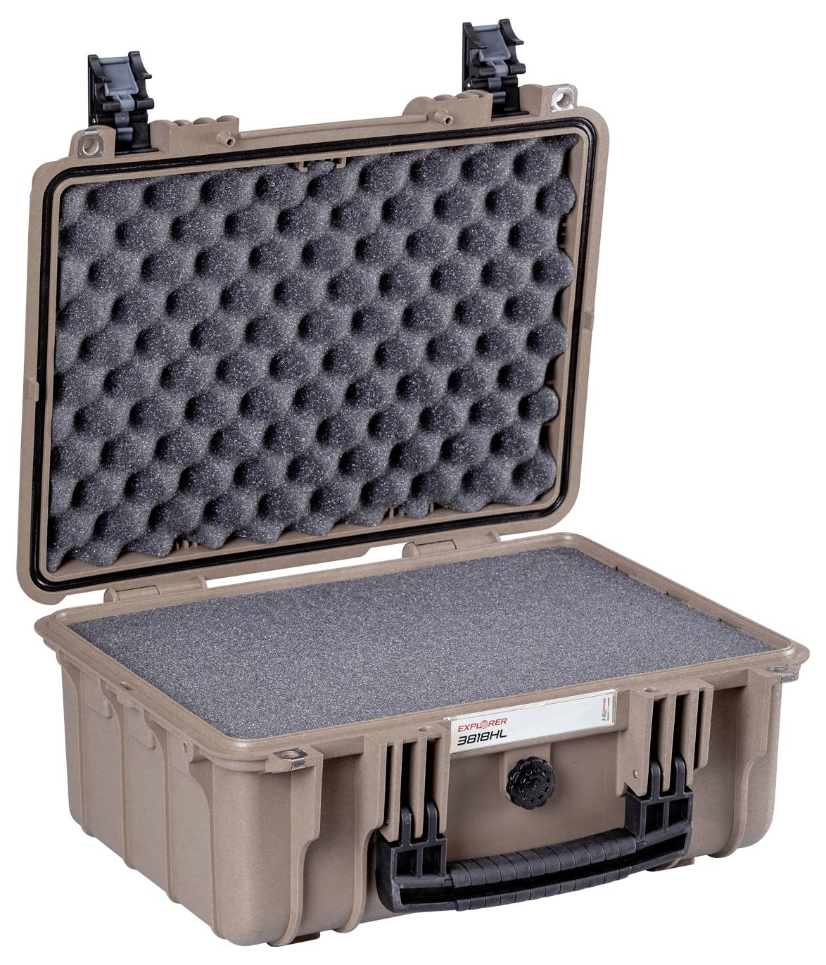 Otwarty, brązowy twardy futerał ochronny z wyściółką piankową w pokrywie, przeznaczony do bezpiecznego transportu delikatnego sprzętu.