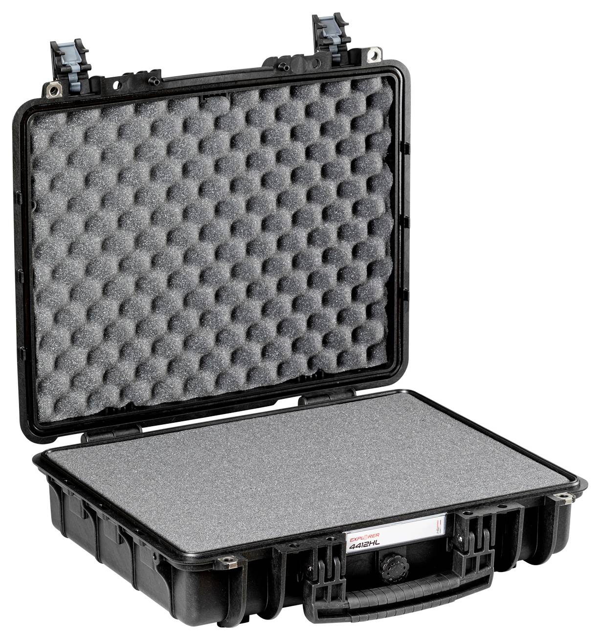 Czarny, otwarty kufer ochronny z wyściółką piankową wewnątrz, odpowiedni do bezpiecznego transportu delikatnych przedmiotów.