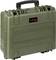 Solidny, zielony kufer ochronny z czarnym uchwytem i zamknięciami. Idealny do bezpiecznego transportu sprzętu.