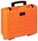 Pomarańczowy, wytrzymały kufer ochronny z uchwytem i zatrzaskami. Odpowiedni do bezpiecznego transportu delikatnych przedmiotów.