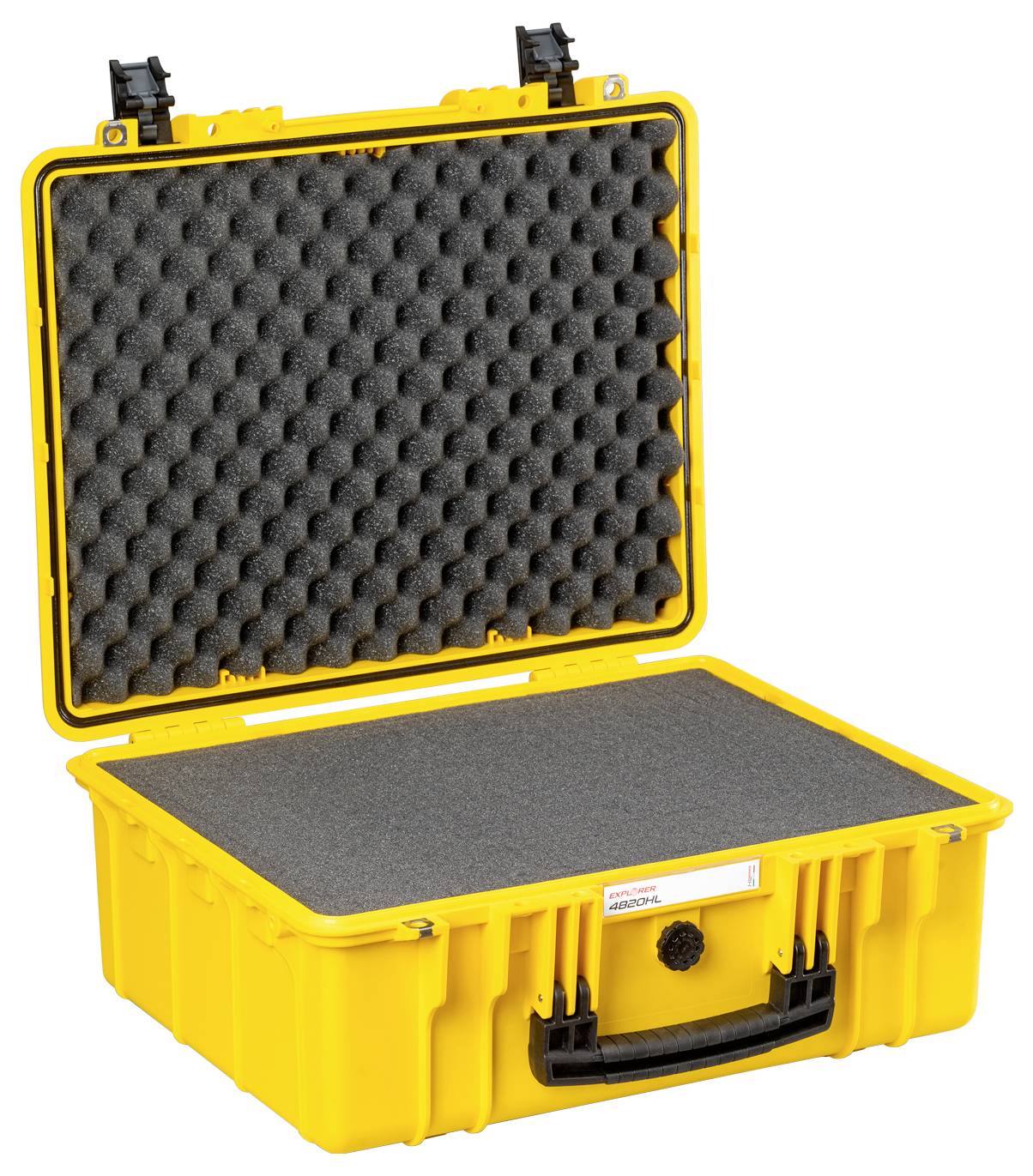 Żółty, otwarty twardy kufer z wyściółką piankową, odpowiedni do bezpiecznego transportu delikatnego sprzętu.