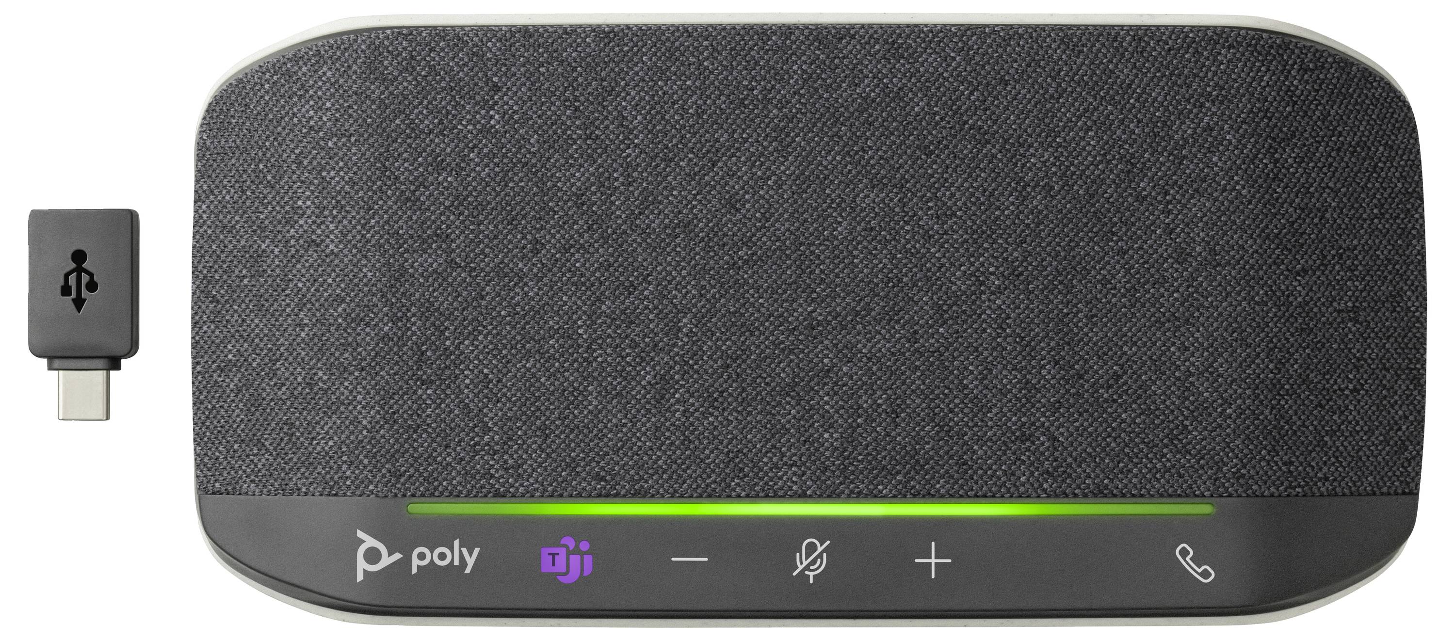 Czarny głośnik konferencyjny z przyciskami do regulacji głośności, wyciszenia oraz odbierania połączeń. Widoczne logo marki 'Poly' i 'Microsoft Teams'.