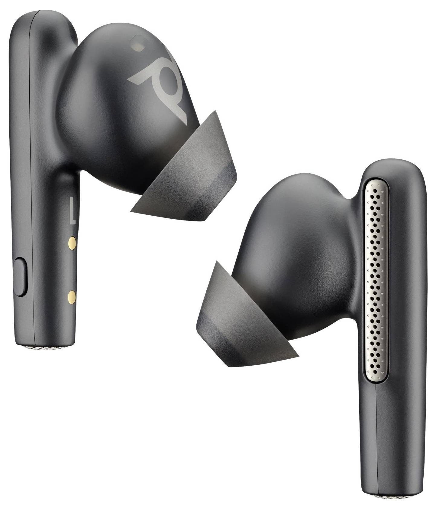 Czarne bezprzewodowe słuchawki douszne o nowoczesnym designie, przedstawione z lewej i prawej strony. Szare nakładki silikonowe i smukłe linie.