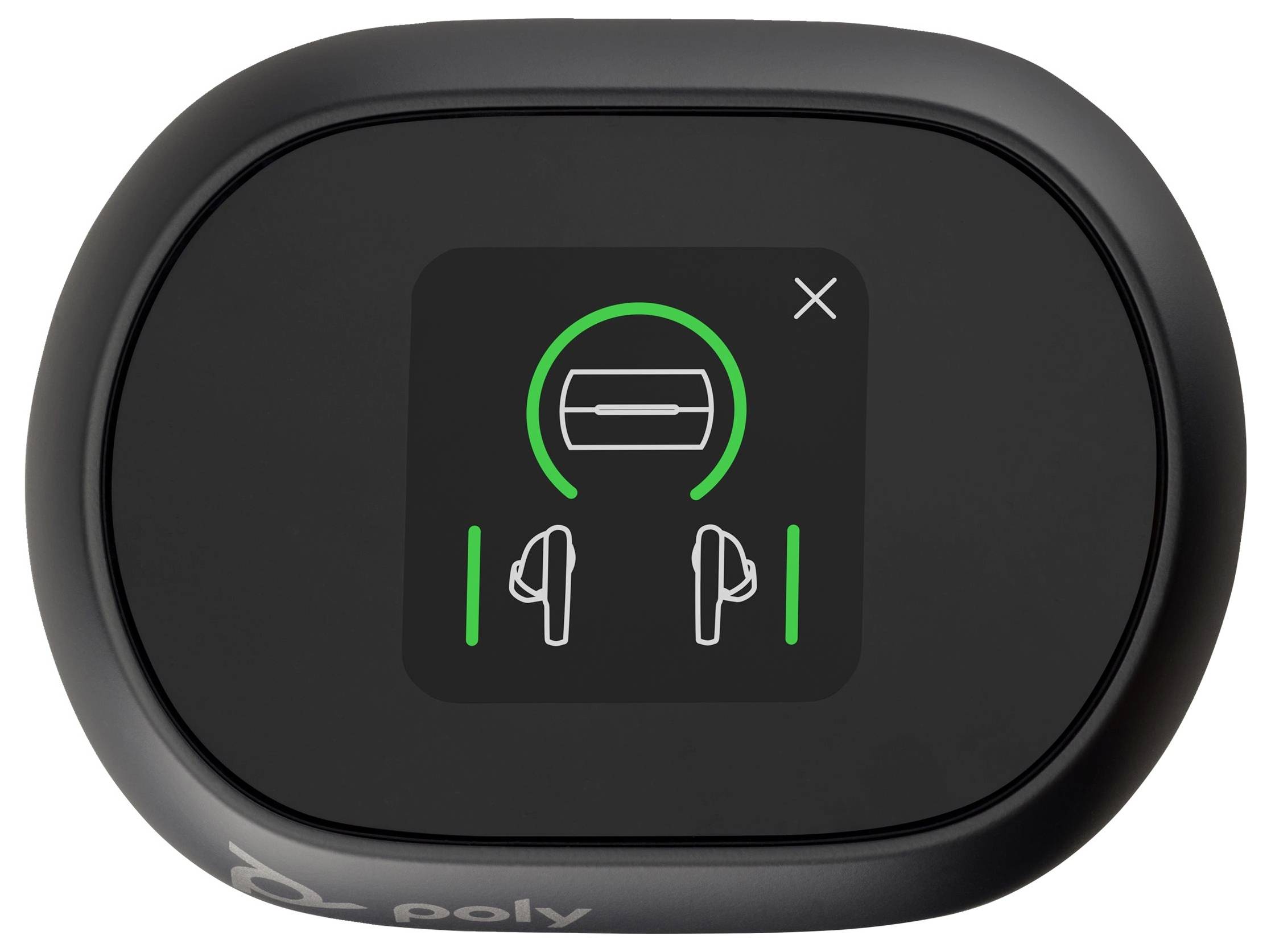 Czarny pojemnik na słuchawki z zielonym symbolem oznaczającym, że słuchawki są połączone.