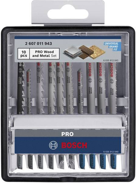 Zestaw 'Bosch PRO Wood and Metal Set' zawiera 10 brzeszczotów do drewna i metalu. Opakowanie prezentuje różne modele ostrzy.