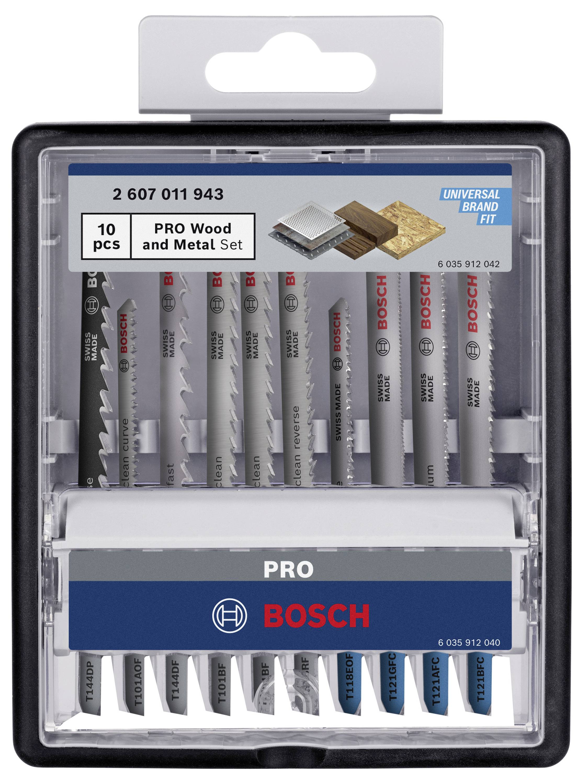 Zestaw brzeszczotów Bosch do drewna i metalu, 10 sztuk. Opakowanie prezentuje szczegóły produktu i logo marki.