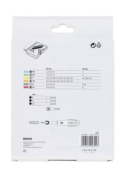 Tył opakowania zestawu końcówek z ilustracjami oraz wykazem rozmiarów i typów bitów. Widoczne są logo marki oraz logo recyklingu.