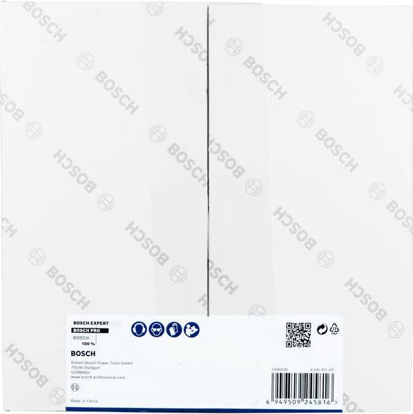 Opakowanie kartonowe 'Bosch' z informacjami o produkcie i kodem QR. Logo marki wielokrotnie nadrukowane.