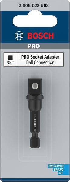 Adapter klucza nasadowego Bosch PRO z połączeniem kulistym, odpowiedni dla różnych marek uniwersalnych. Opakowanie prezentuje adapter i specyfikacje produktu.