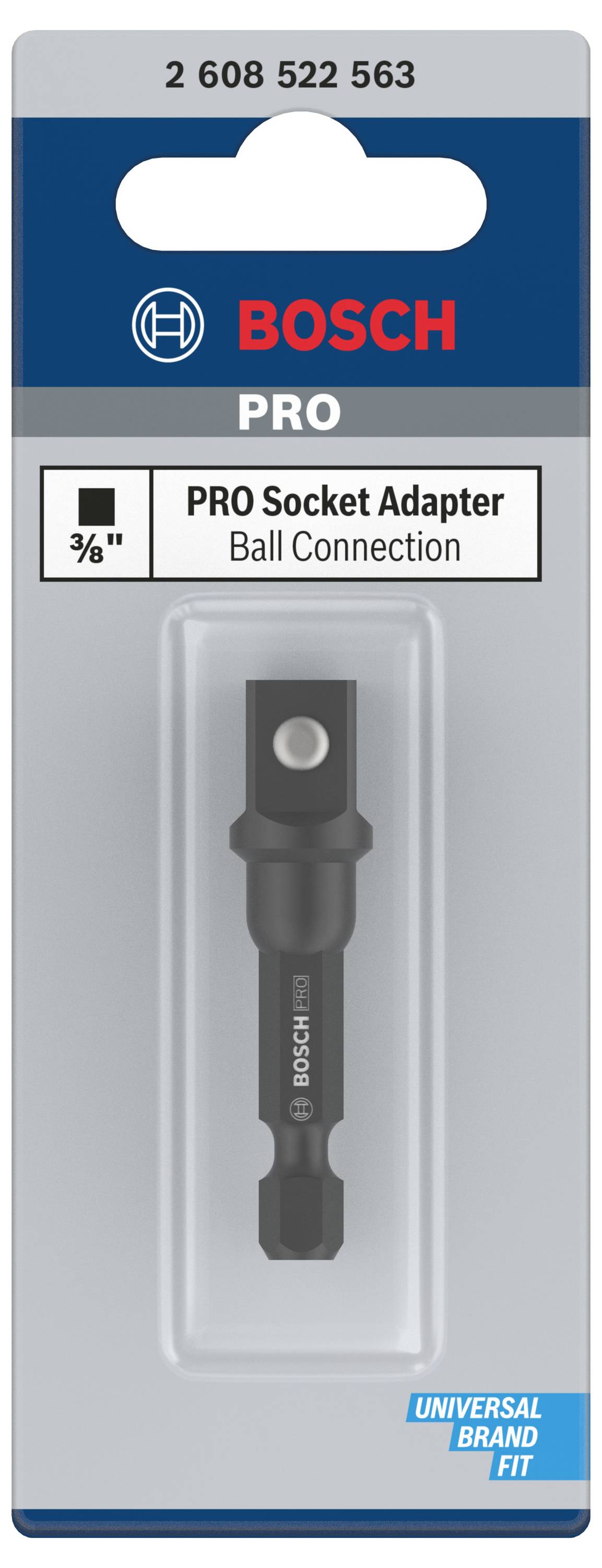Adapter PRO Bosch w opakowaniu, prezentujący czarny adapter narzędziowy z przegubem kulistym i uniwersalnym dopasowaniem do marki.