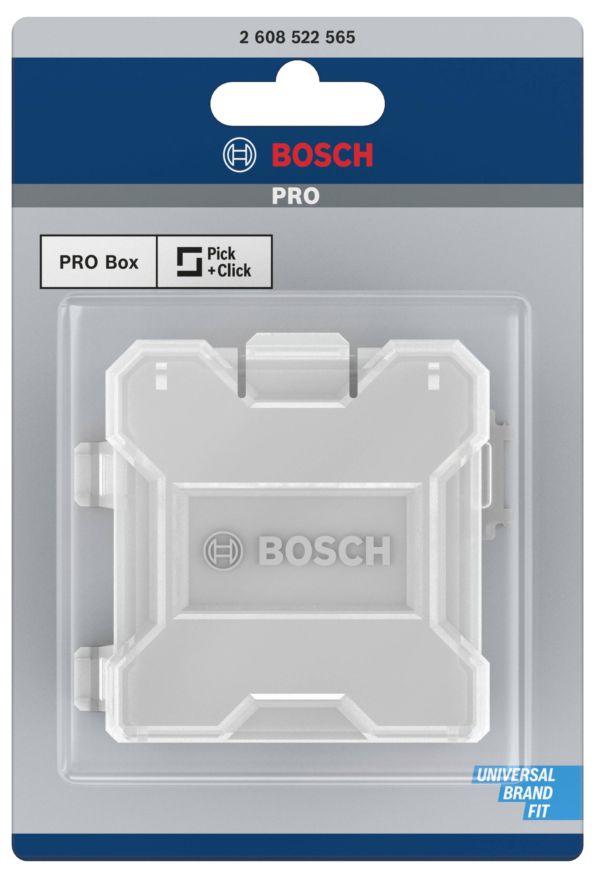 Opakowanie 'Bosch PRO Box', przezroczyste pudełko z tworzywa sztucznego z systemem 'Pick + Click', odpowiednie do uniwersalnych zastosowań.
