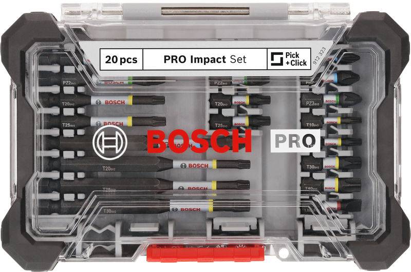 Przezroczysty kufer z 20-elementowym zestawem wierteł udarowych Bosch Pro. Zawiera różne końcówki wkrętakowe i nasadki, idealne do precyzyjnych prac.