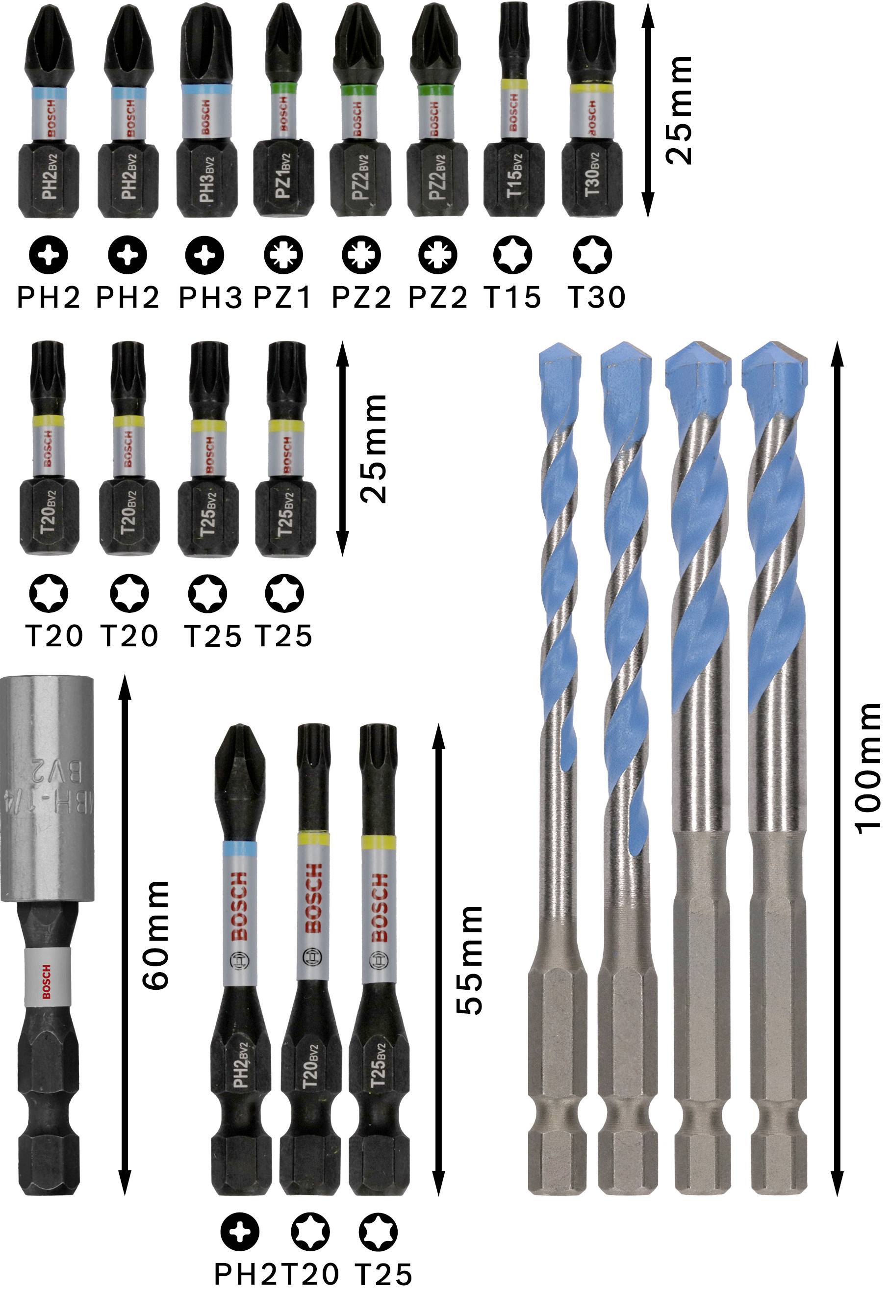 12 bitów Bosch w różnych rozmiarach, w tym PH2, PZ2, T15 do T30, z magnetycznym uchwytem na bity i 100-mm wiertłami.