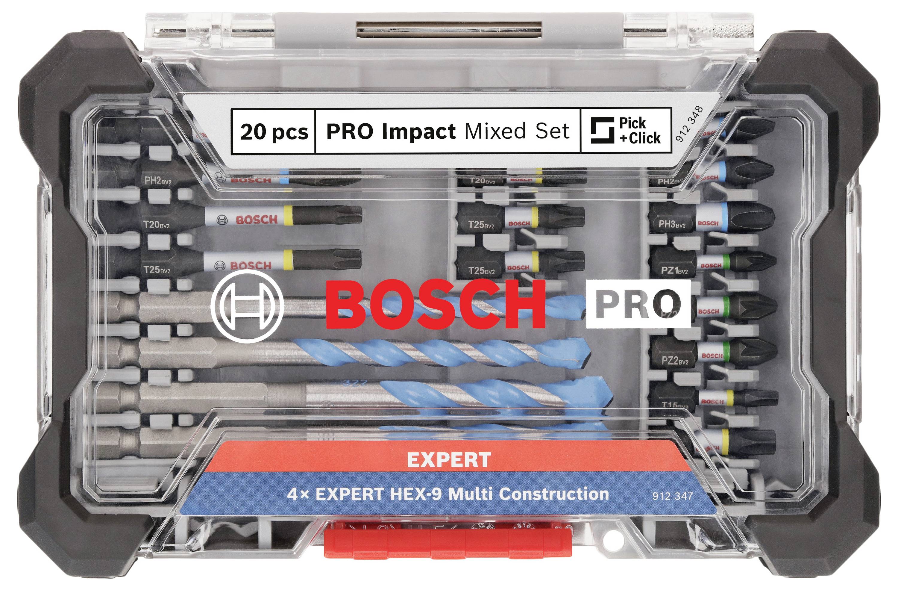 Zestaw udarowy Bosch PRO, 20-elementowy, z końcówkami do różnych zastosowań budowlanych. Zawiera wiertła Expert HEX-9 Multi Construction.